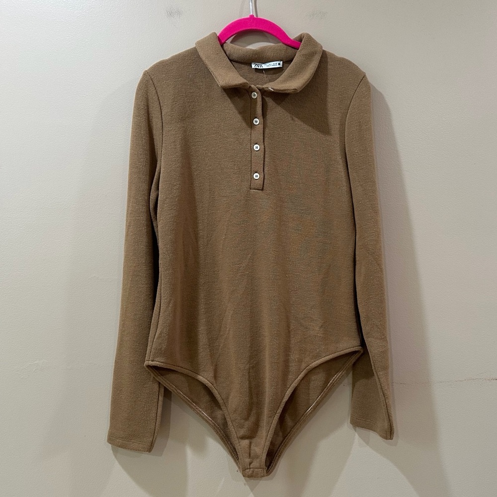 Zara Brown Ribbed Henley Bodysuit Long Sleeve Collar Button Placket Top L
